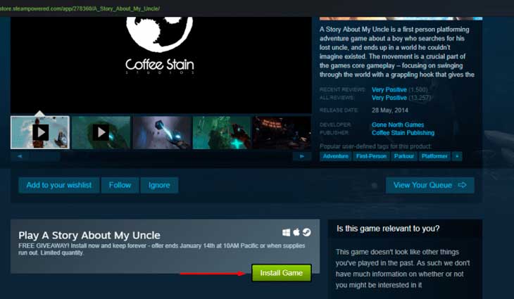 When you open its page, press the ‘Install Game’ button